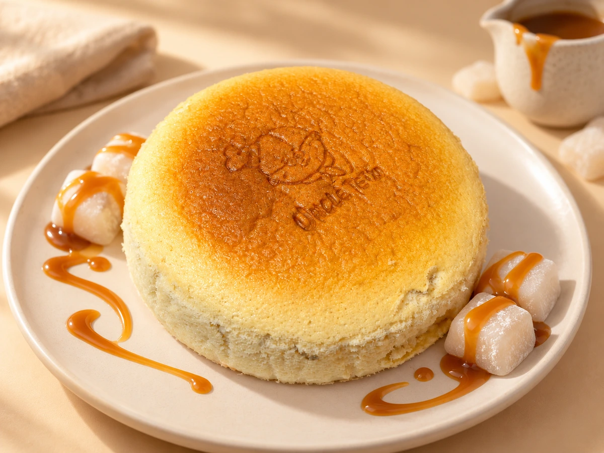 Cheesecake Mochi au caramel salé avec des décorations de caramel et de mochi.